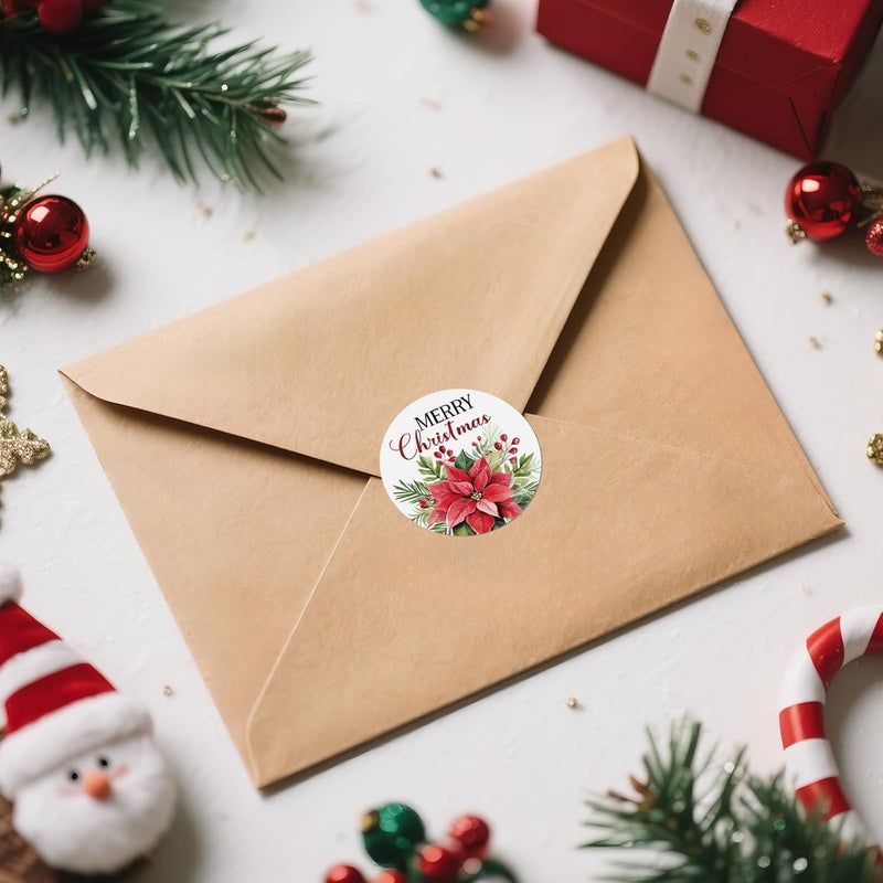 Alynta Merry Christmas Stickers - 2 Inch Holiday Stickers 120Pcs Large Round Christmas Card Sticker Labels Self-Adhesive Xmas Poinsettias Sticker for Envelope Seals Card Ornament (Red) - Image 4